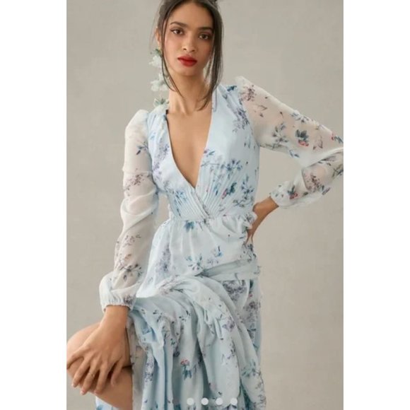 Anthropologie Mac Duggal Ruffled Floral Print Illusion Long Sleeve Gown Dress 14 - Picture 2 of 9